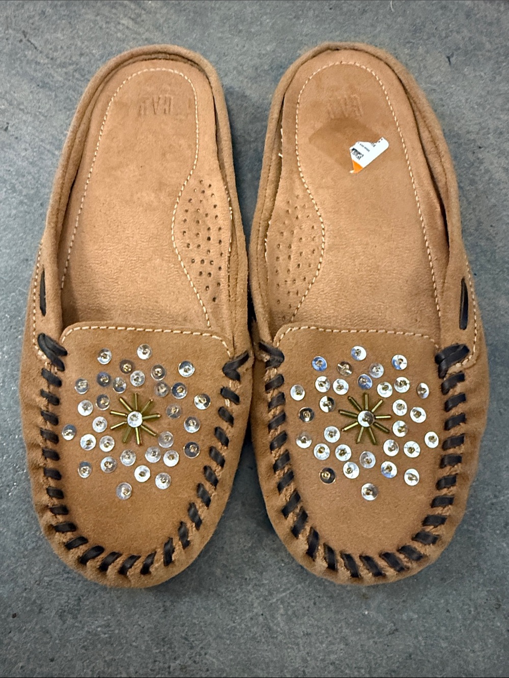 Women’s Tan Suede Slip-On Moccasin with Rhinestone Accent